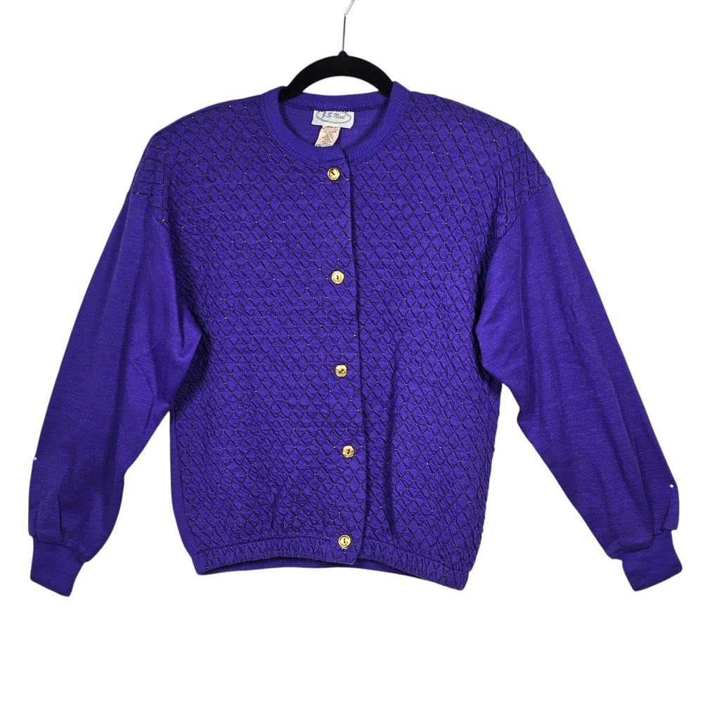JS Neal Vintage Purple Quilted Cardiganβ Sweater Gold Lurex Shoulder Pads Small